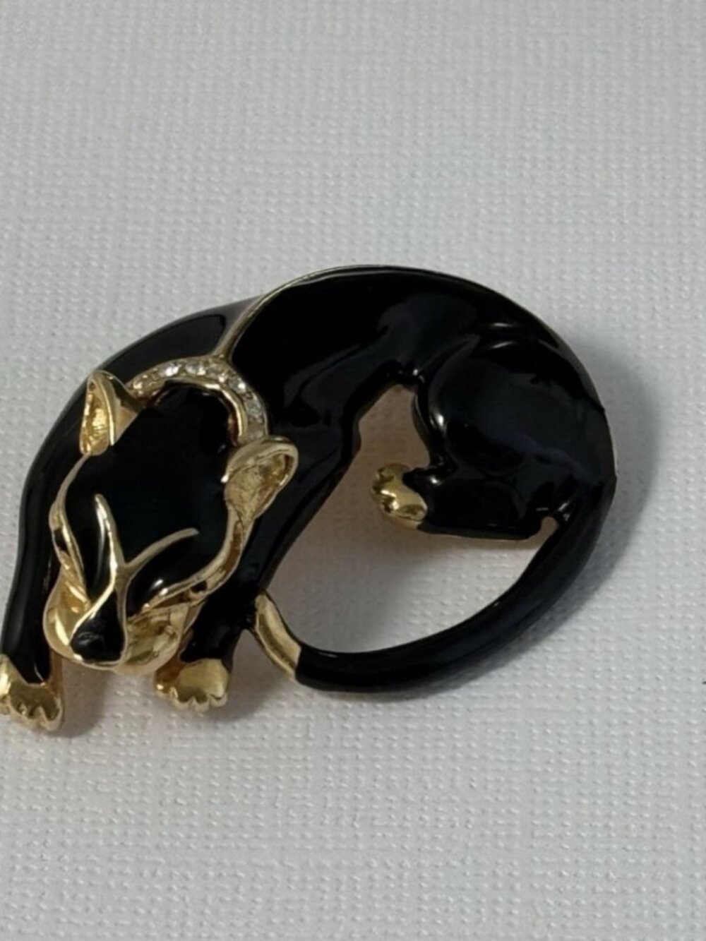Vintage GERRY'S Black Enamel Panther Brooch Pin Gold Tone Rhinestone Collar Cat